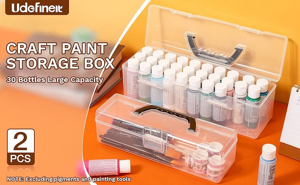 buy in bulk udefineit 2 sizes portable clear acrylic paint organizer boxes with handle, empty craft paint storages for paint bottle/brush, hold up to 30 bottles of 2 fl. oz acrylic paints, plastic long pencil box source from factory