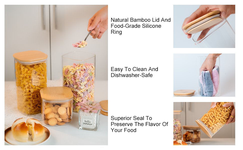 factory direct glass storage jars 6 pack -50oz (10cmx20cm)clear glass food storage containers with airtight bamboo lid stackable kitchen canisters for candy,cookie,rice,sugar,flour,pasta,nuts and spice jars(square) oem/odm services factory direct glass storage jars 6 pack -50oz (10cmx20cm)clear glass food storage containers with airtight bamboo lid stackable kitchen canisters for candy,cookie,rice,sugar,flour,pasta,nuts and spice jars(square) oem/odm services