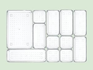 factory direct 25 pcs clear plastic drawer organizers set, 4 sizes clear drawer organizers & storage bins for makeup/jewelry vanity, kitchen gadgets or office desk. bathroom drawer organizer trays with non-slip pads oem/odm services