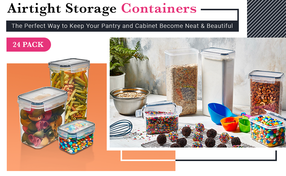 factory direct 24 pack airtight food storage container set - bpa free clear plastic kitchen and pantry organization canisters with durable lids for cereal, dry food flour & sugar - labels, marker & spoon set oem/odm services