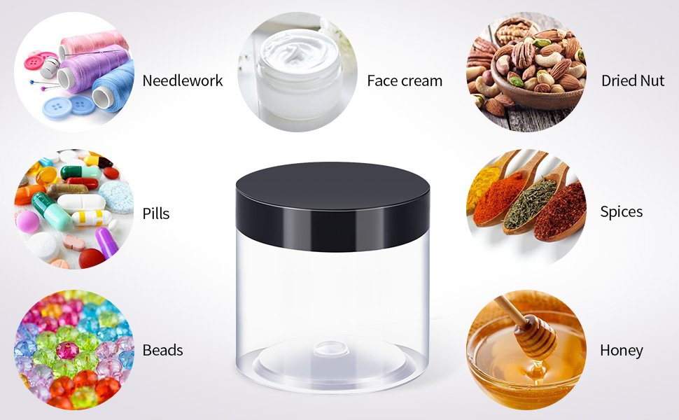 factory direct satinior 24 pieces empty clear plastic jars with lids round storage containers wide-mouth for beauty product cosmetic cream lotion liquid butter craft and food (black lid, 2 oz) oem/odm services factory direct satinior 24 pieces empty clear plastic jars with lids round storage containers wide-mouth for beauty product cosmetic cream lotion liquid butter craft and food (black lid, 2 oz) oem/odm services