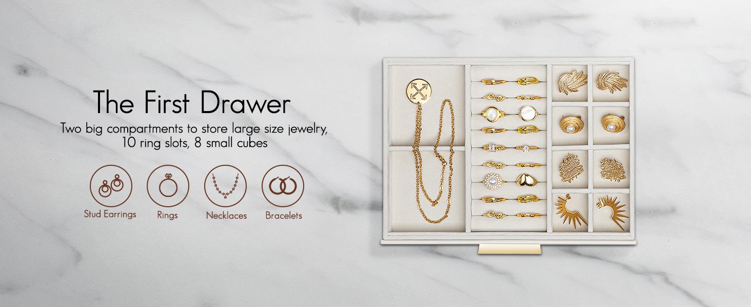 trade price vlando jewelry box for women, glass lid jewelry organizer with 3 drawers for necklaces rings earrings bracelets christmas gift - cloud white wholesale supplier