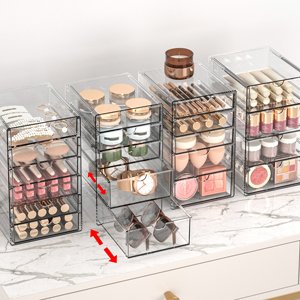 buy in bulk makeup drawer storage organizer with 20 drawers, 4 set acrylic office desk organization and storage, dustproof drawer organizer for makeup, office, countertop, jewelry, pen, desktop, bathroom, bedroom source from factory