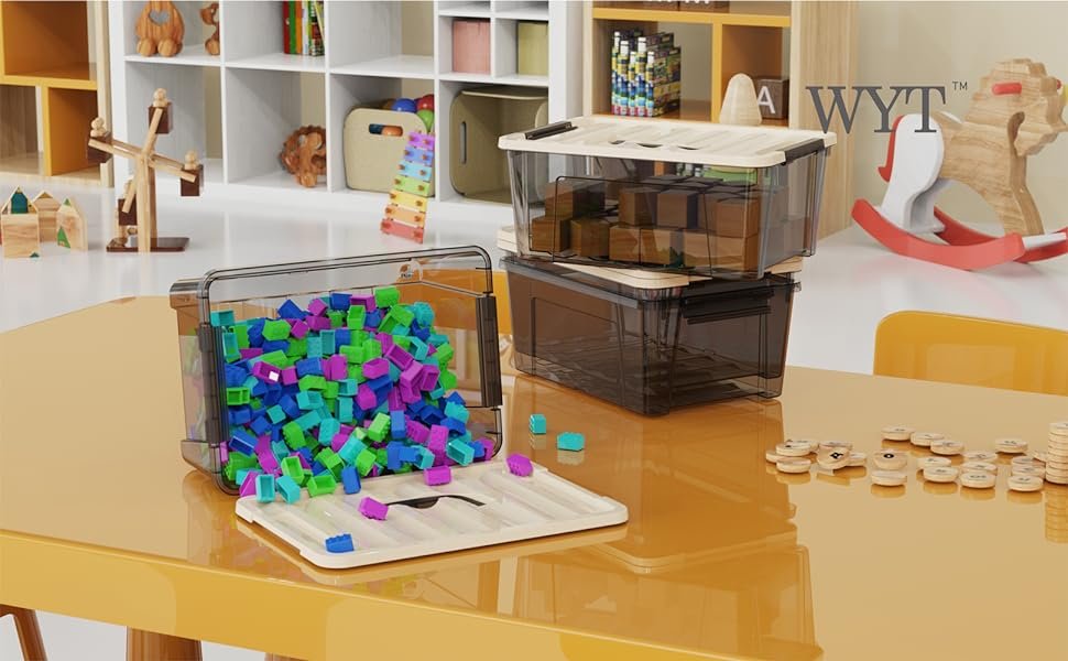 factory direct wyt small clear 5-quart plastic storage container bin with khaki secure lid and black latch buckles, durable stackable nestable organizin, 6-pack oem/odm services