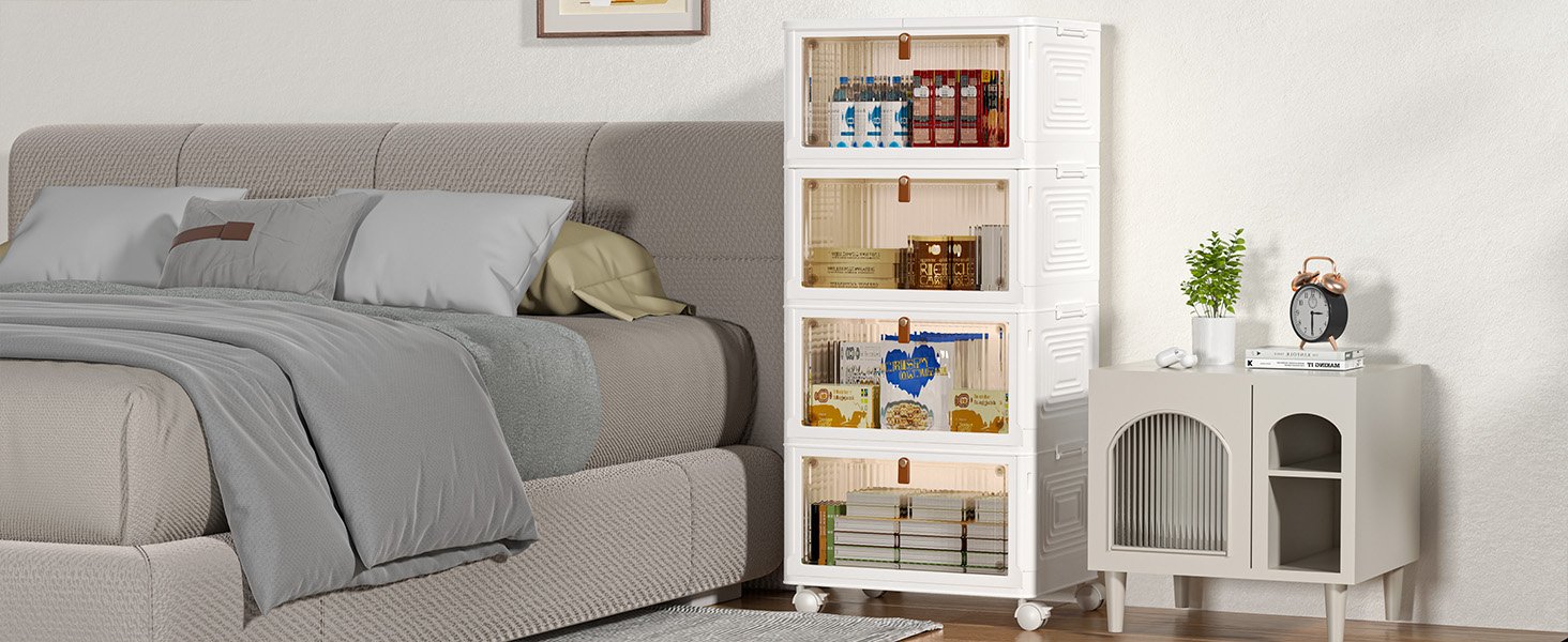 factory price 4 tier stackable storage bins with lids, 23qt plastic storage containers with magnetic doors & wheels, convenient storage bins closet organizers, household organization for home, party, office, dorm volume discount