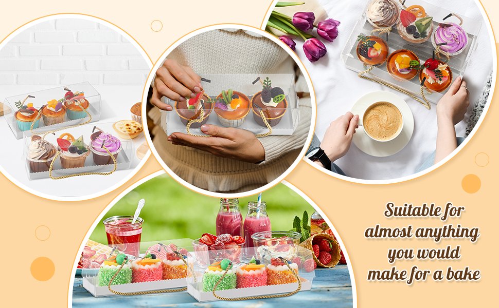 manufacturer direct eaasty 50 pcs 9 x 3 x 3 inch clear cupcake boxes bakery cake boxes with handle and paperboard plastic rectangular cupcake containers portable gable boxes dessert cookies gift boxes for party supplier direct