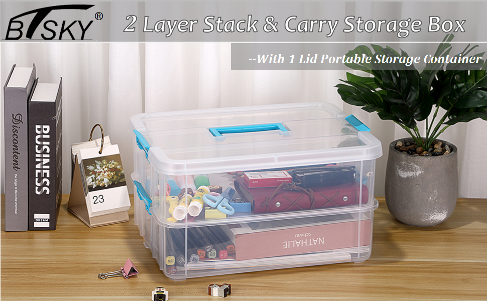factory price btsky 2 layer stack & carry box, plastic multipurpose portable storage container box handled organizer storage box for organizing stationery, sewing, art craft, jewelry and beauty supplies blue volume discount