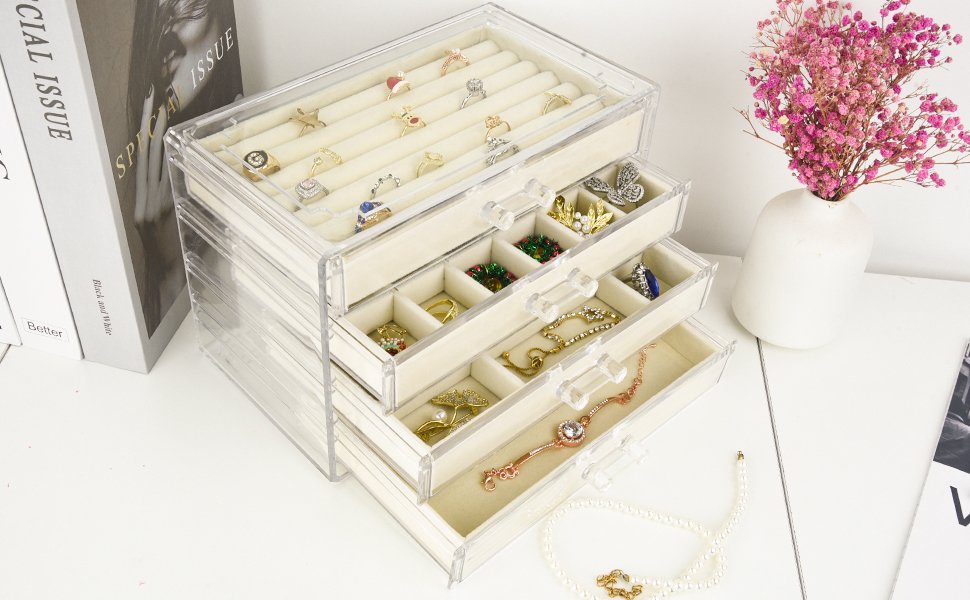 buy in bulk weiai acrylic jewelry organizer, clear jewelry box with 4 drawers, jewelry case storage for women (beige) source from factory