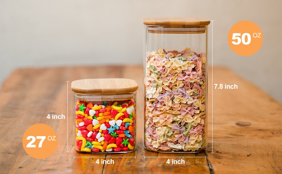 factory direct glass storage jars 6 pack -50oz (10cmx20cm)clear glass food storage containers with airtight bamboo lid stackable kitchen canisters for candy,cookie,rice,sugar,flour,pasta,nuts and spice jars(square) oem/odm services factory direct glass storage jars 6 pack -50oz (10cmx20cm)clear glass food storage containers with airtight bamboo lid stackable kitchen canisters for candy,cookie,rice,sugar,flour,pasta,nuts and spice jars(square) oem/odm services